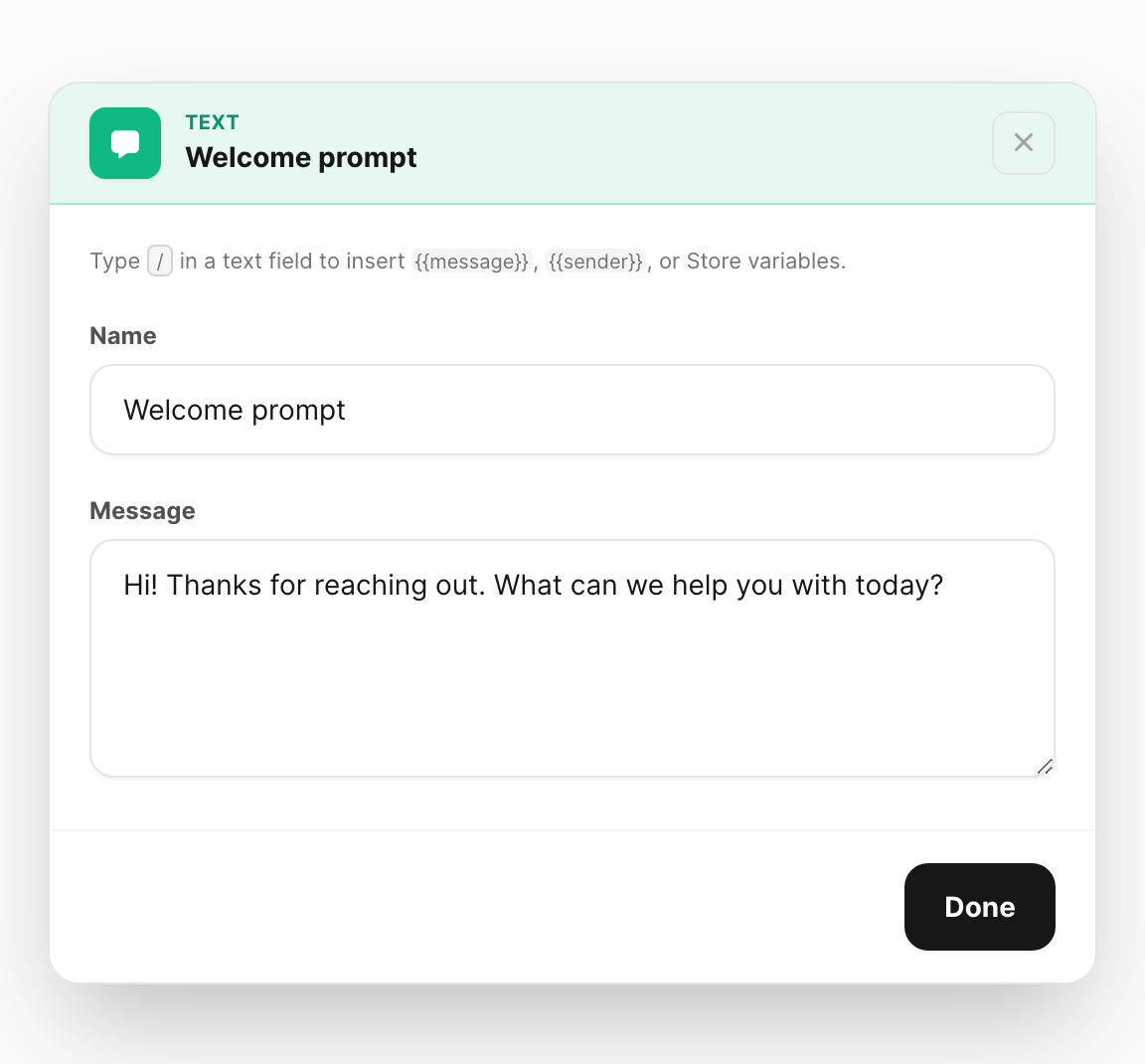Text node editor — name and message fields