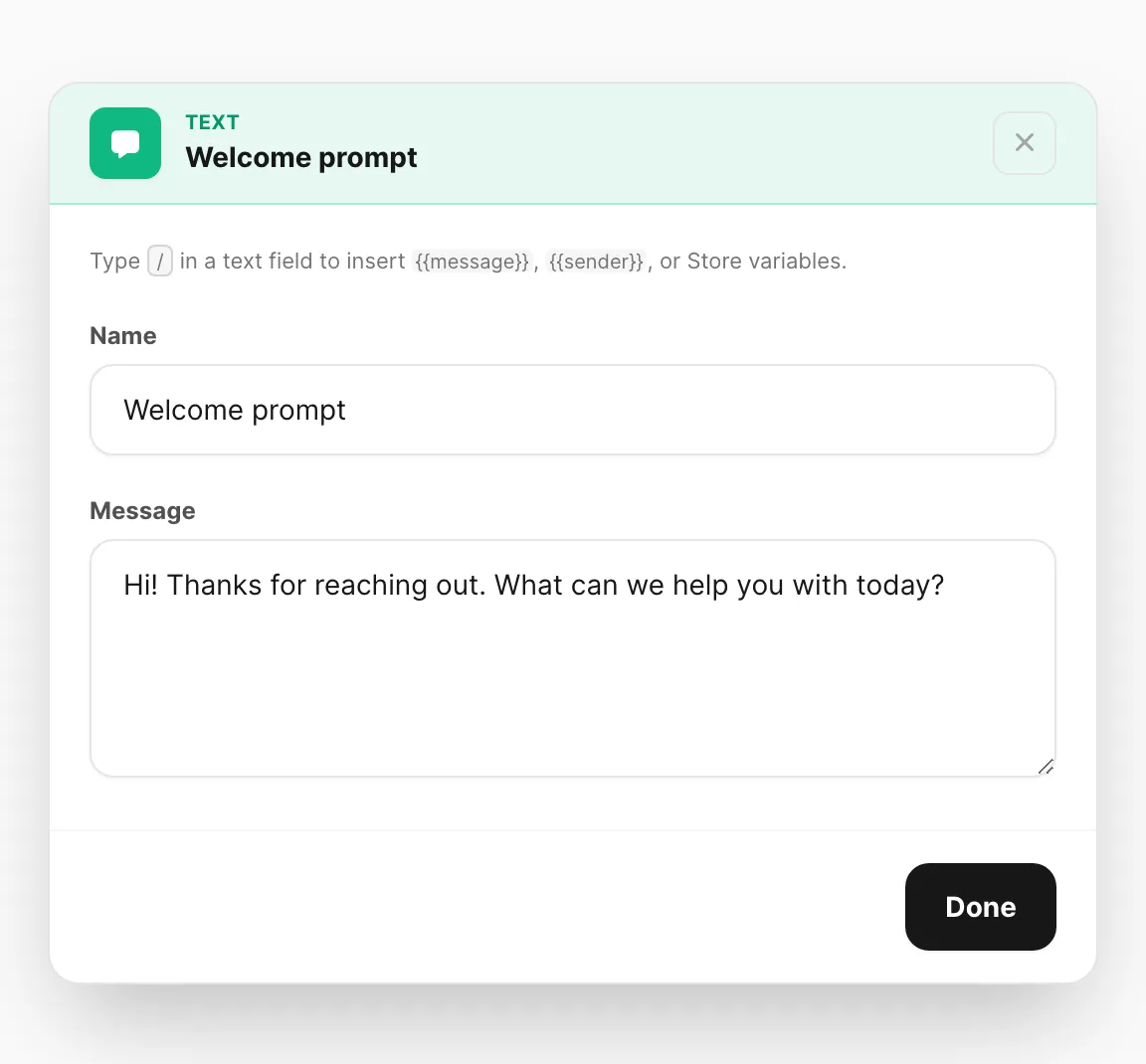Editor node Text — field nama dan pesan