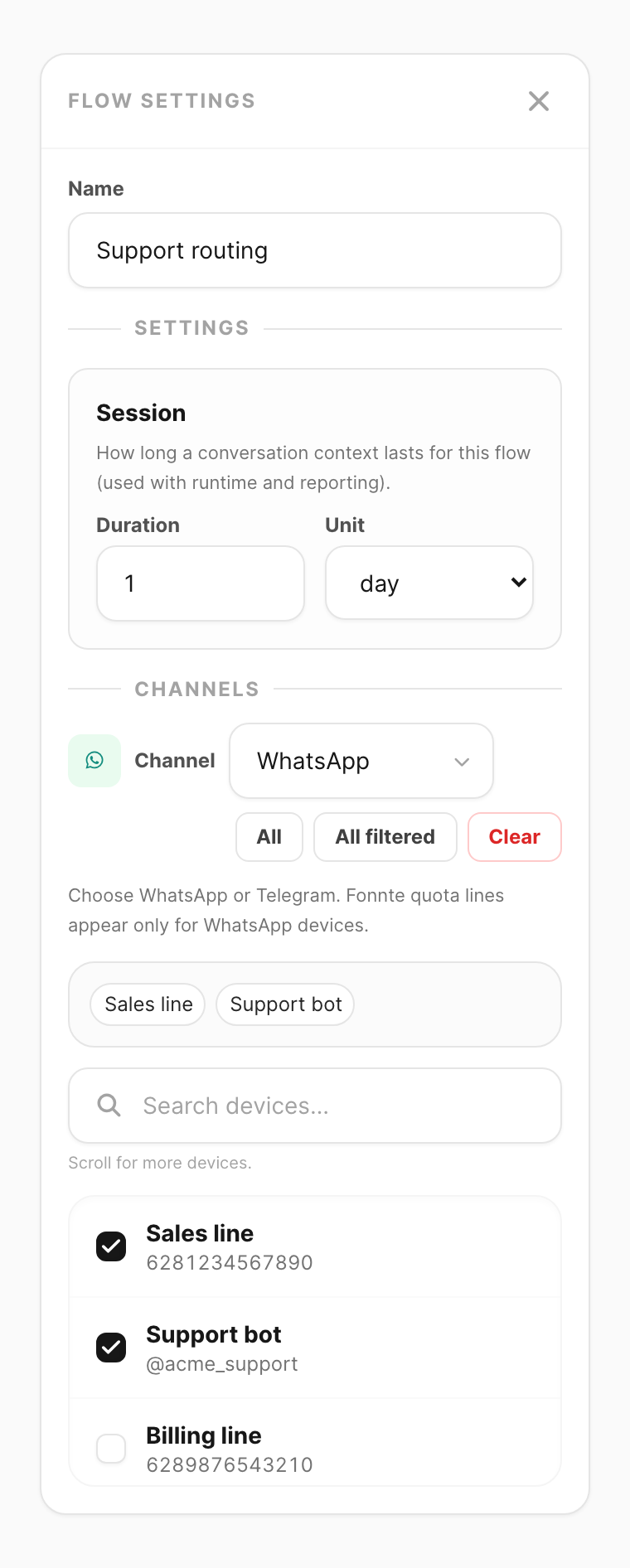 Flow settings — name, session duration, and linked devices