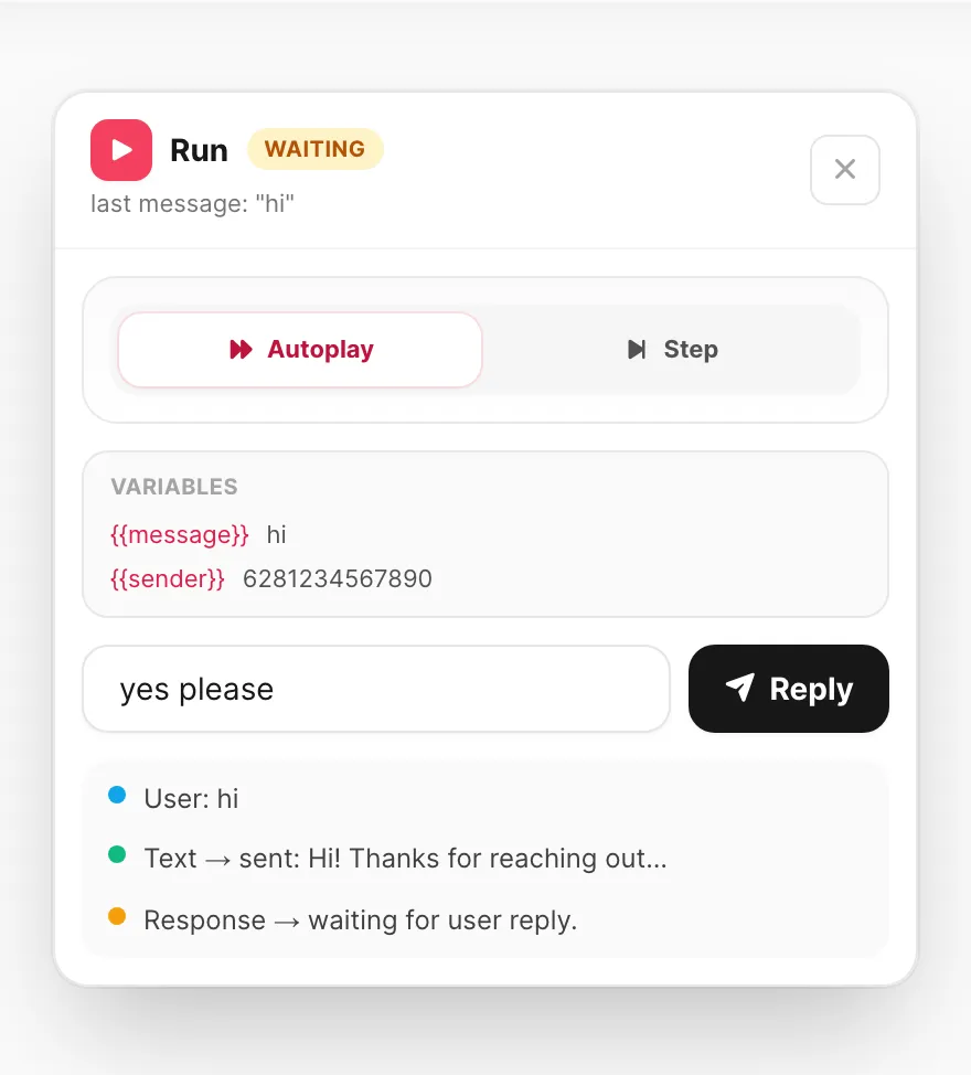 Panel Run — mode Autoplay/Step, variabel, input balasan, dan log