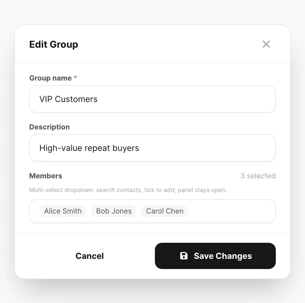 Edit group — name, description, and member picker