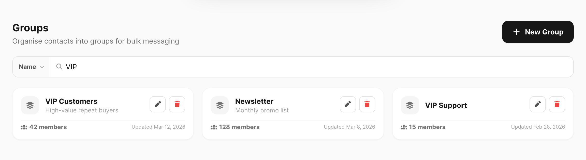 Contact groups — search, group cards, and member counts