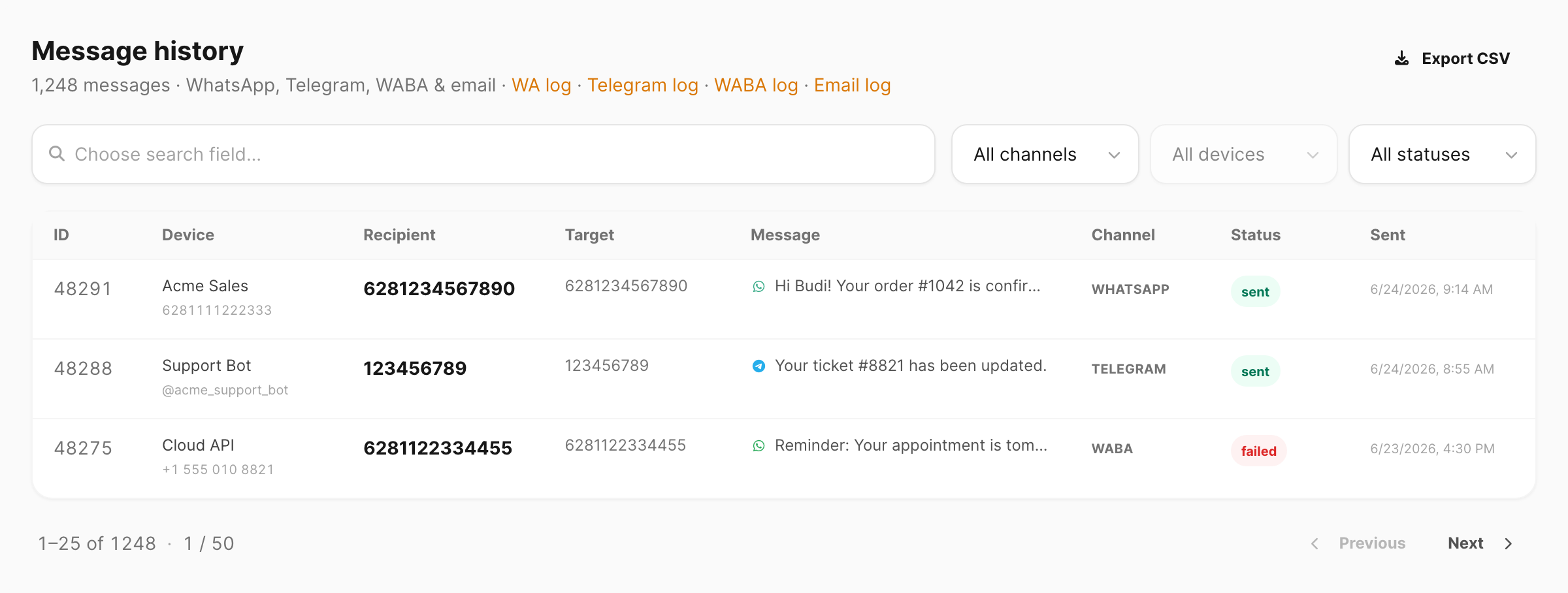 Message history — search, channel filters, and cross-channel table
