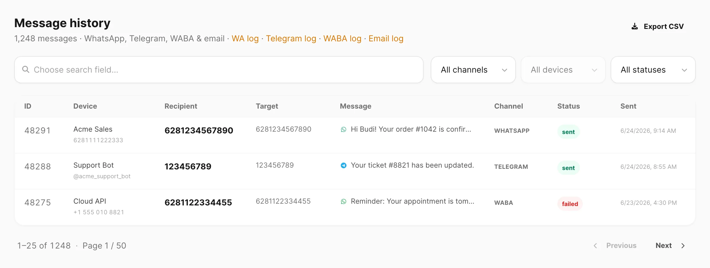 Message history — search, channel filters, and cross-channel table