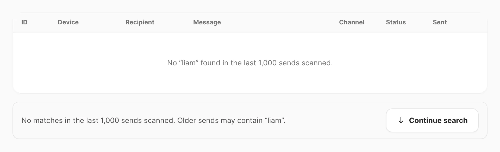 Continue search — scan the next 1,000 older sends