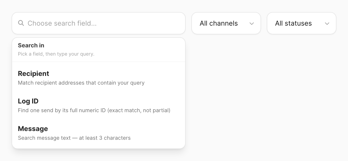 Search in popup — choose Recipient, Log ID, or Message