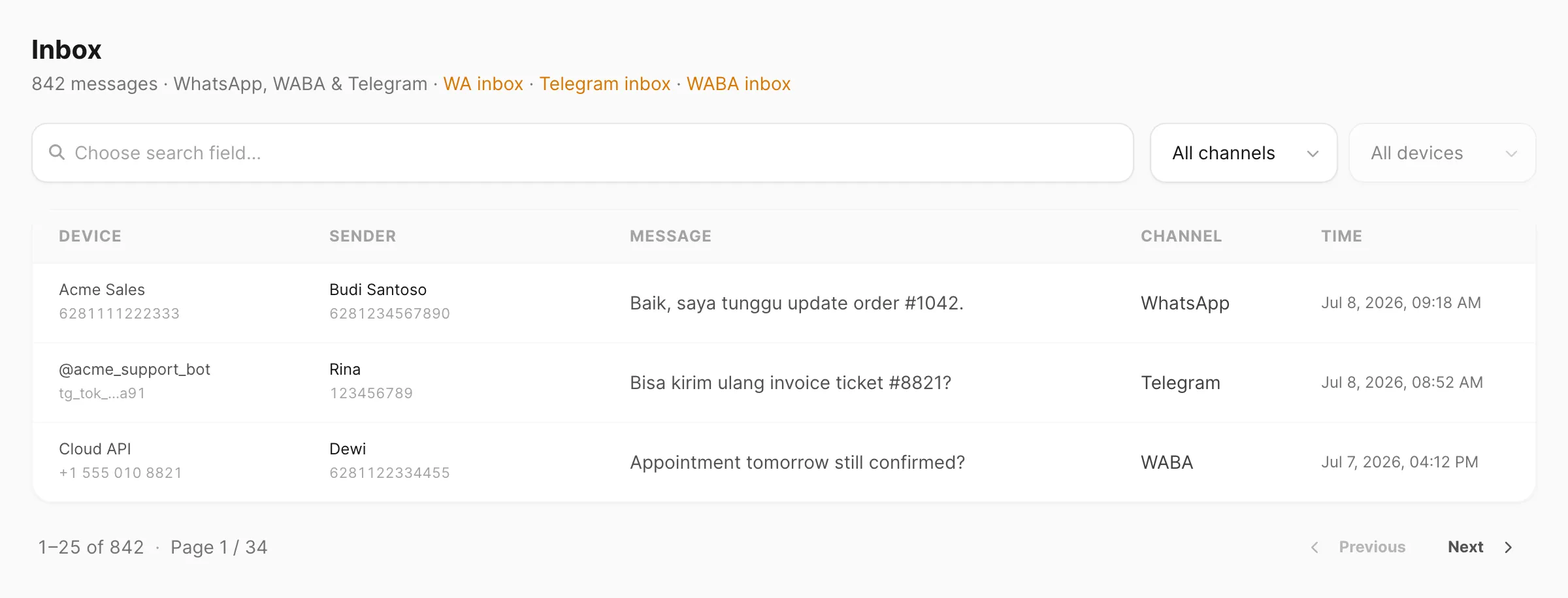 Inbox — search, channel filters, and cross-channel inbound table