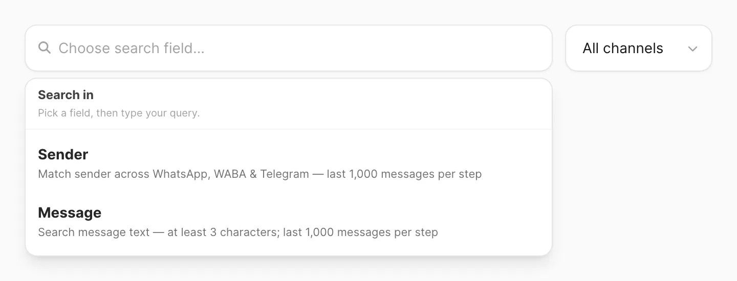 Search in popup — choose Sender or Message