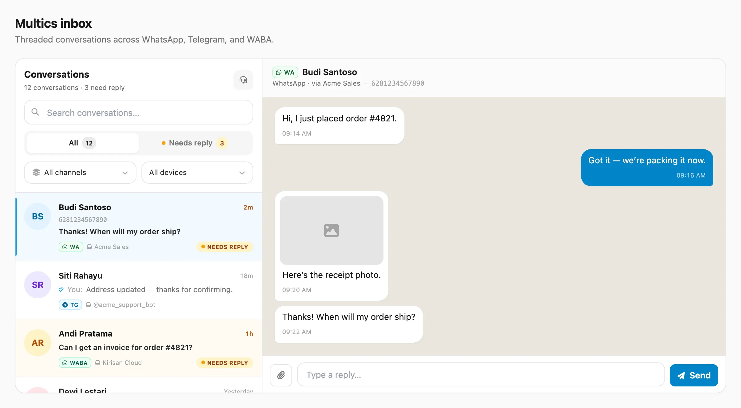 Multics inbox — conversation list and open thread