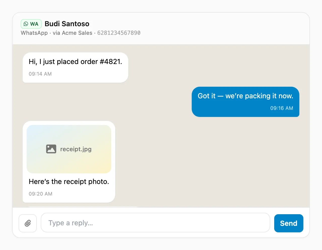 Open thread — message bubbles, media, and reply box