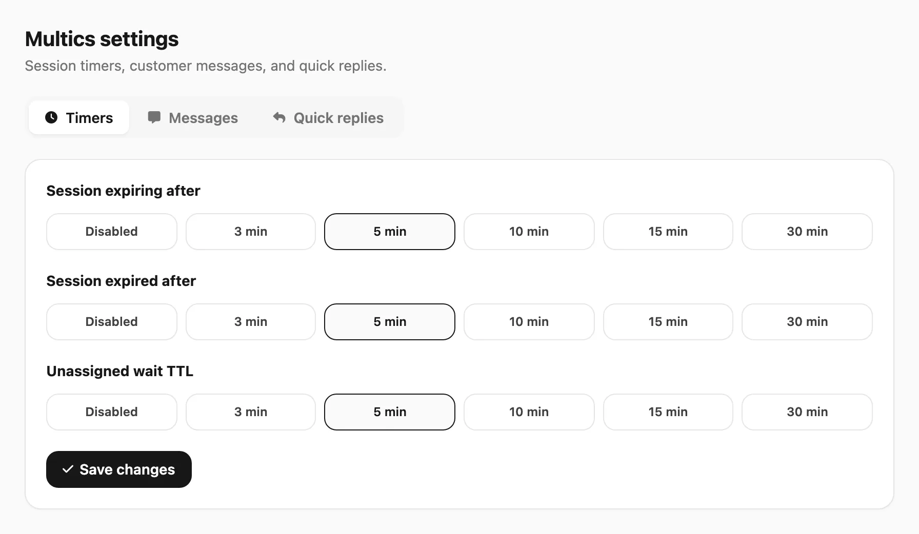 Pengaturan Multics — tab Timer dengan chip preset