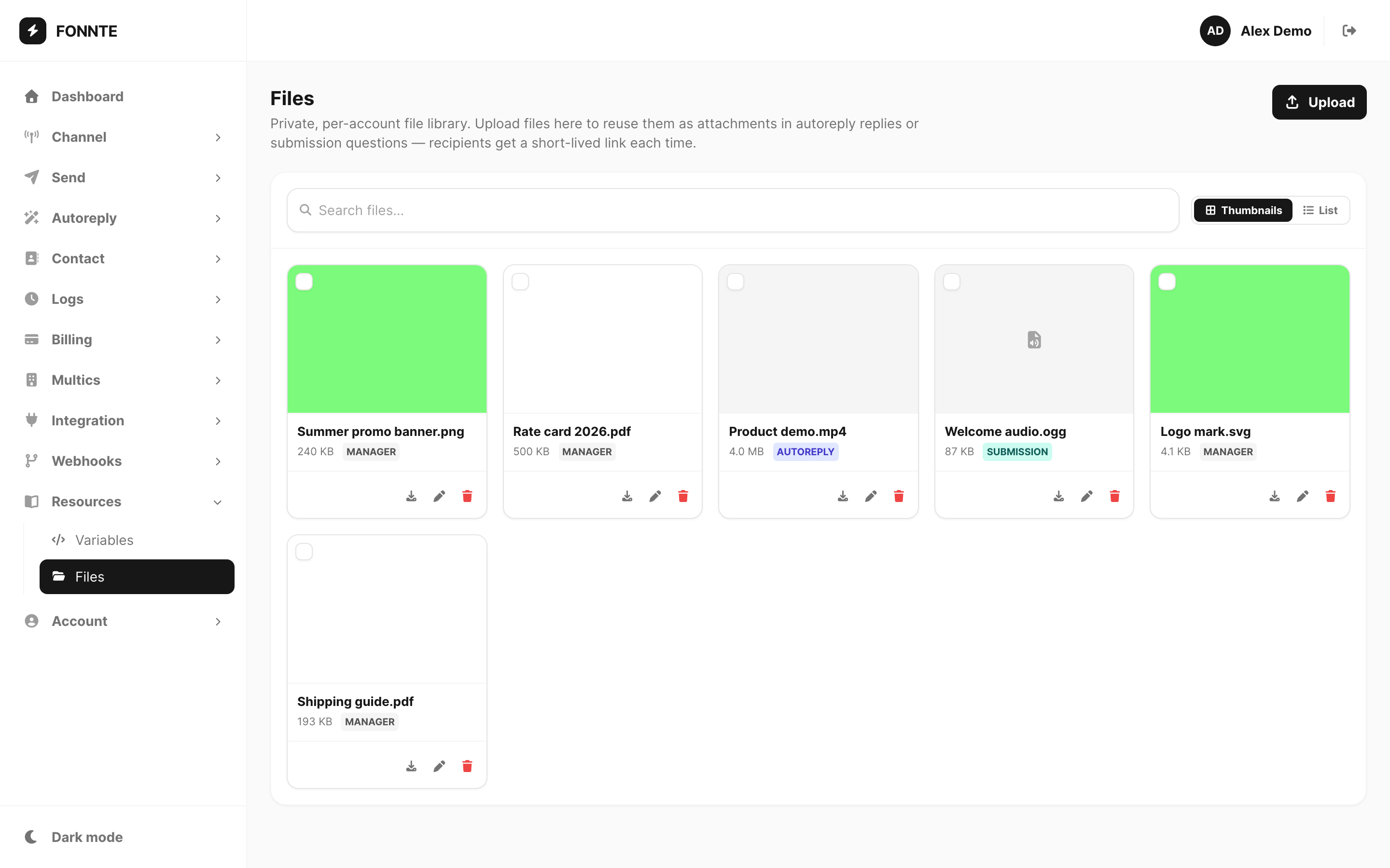 Files — thumbnail grid with search and upload