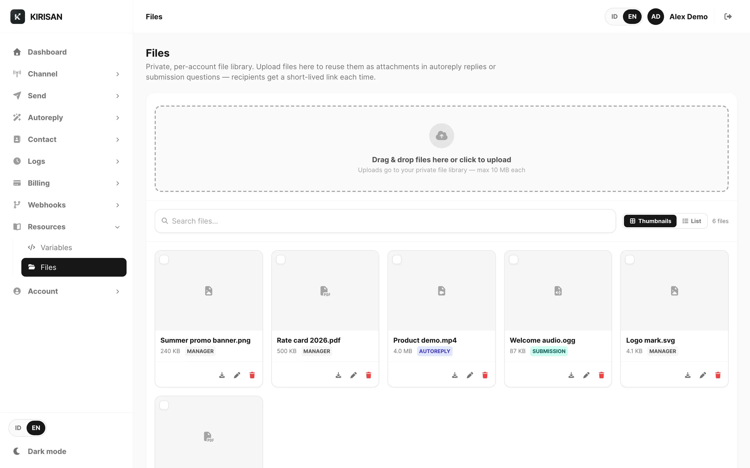 Files — thumbnail grid with search and upload