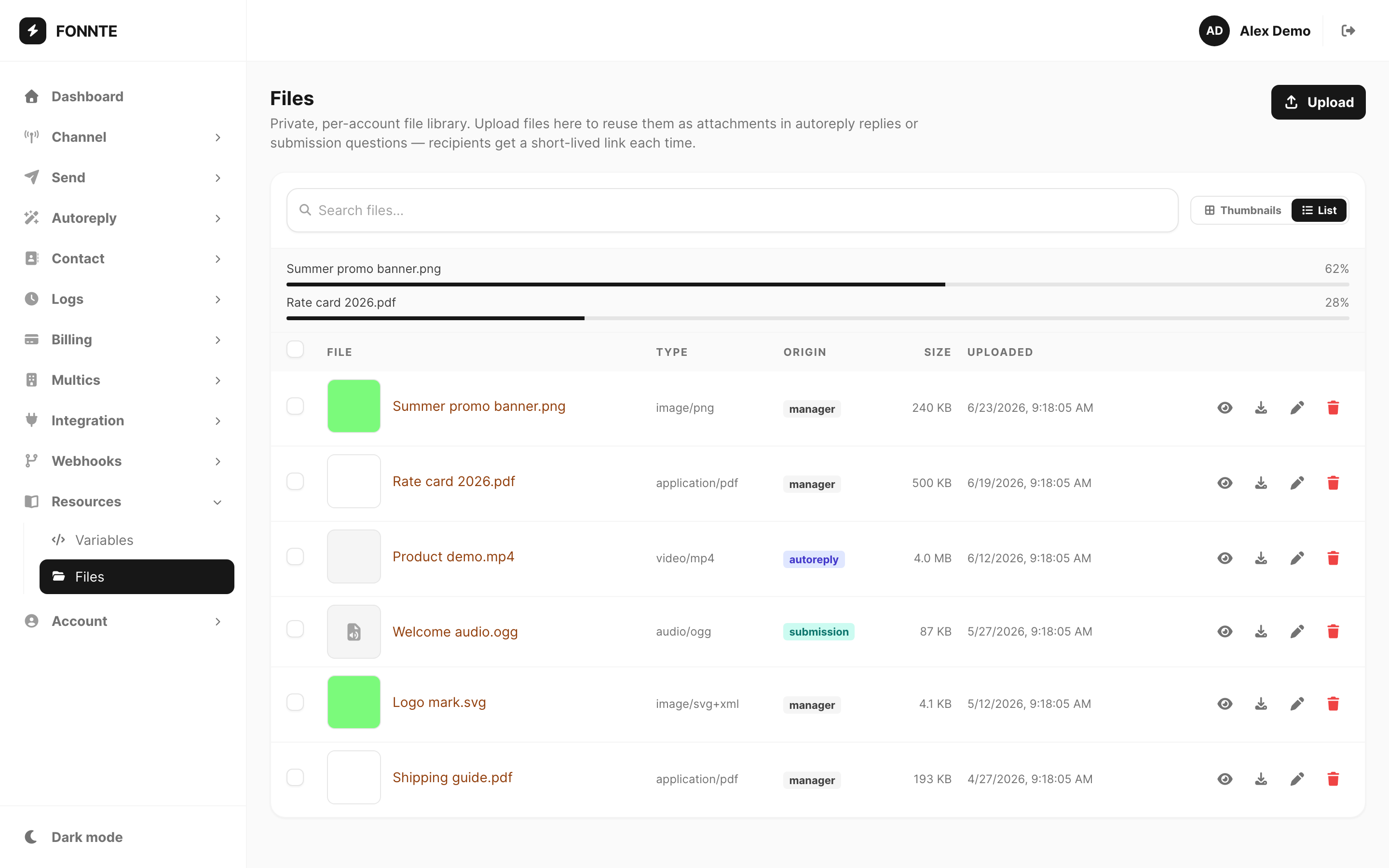 Files — list view with type and origin columns