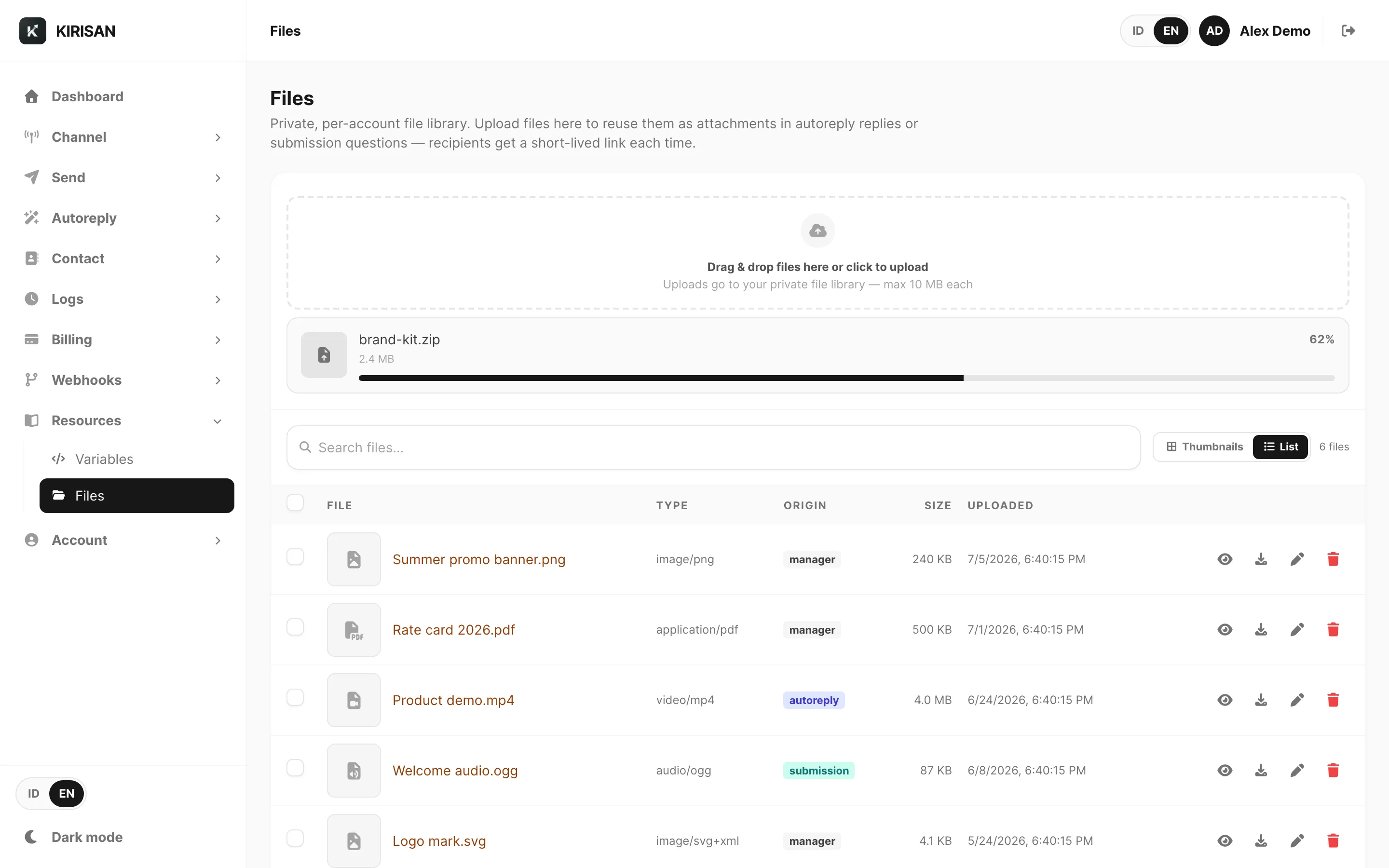 Files — list view with type and origin columns