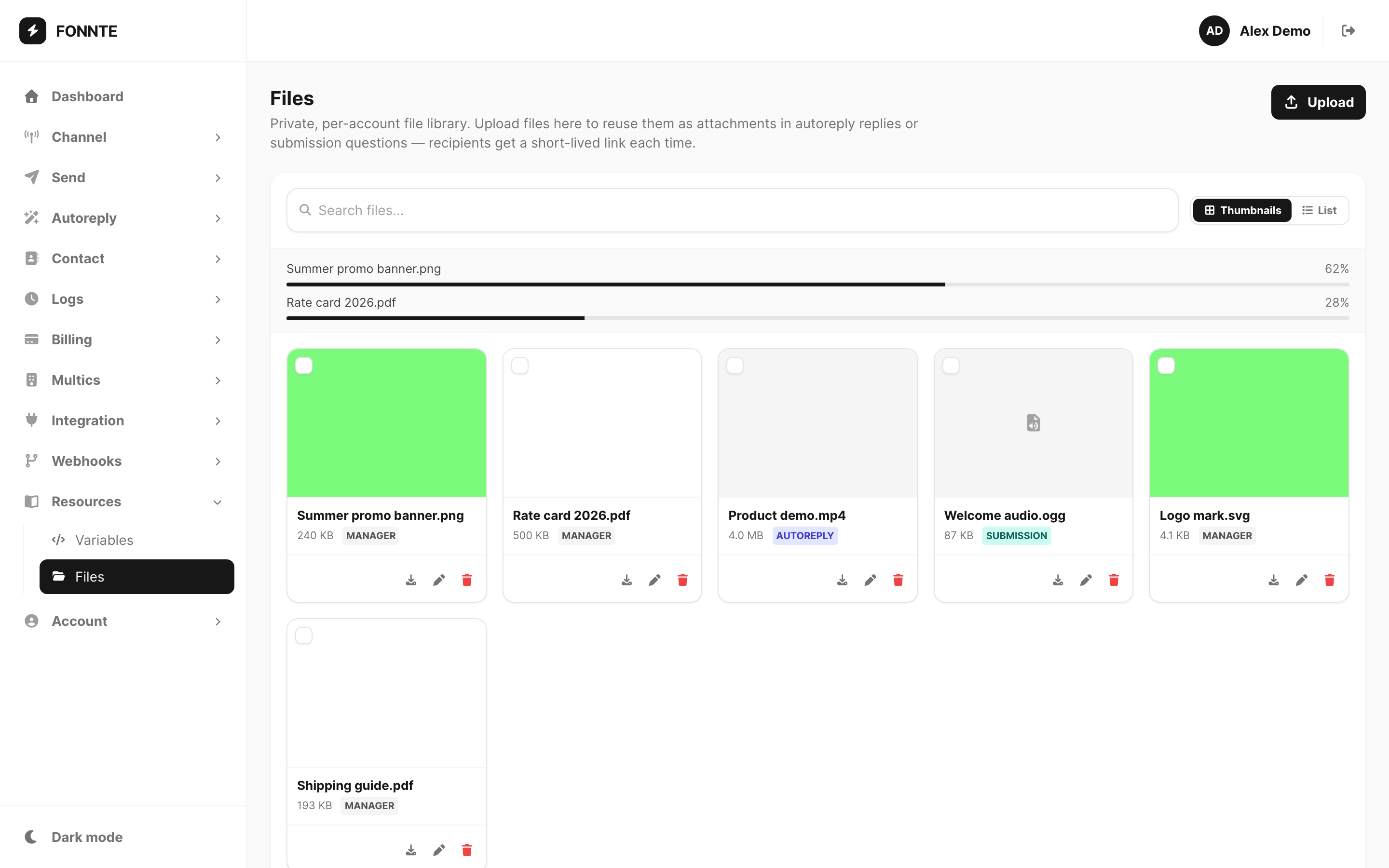 Files — Upload button and in-progress transfers