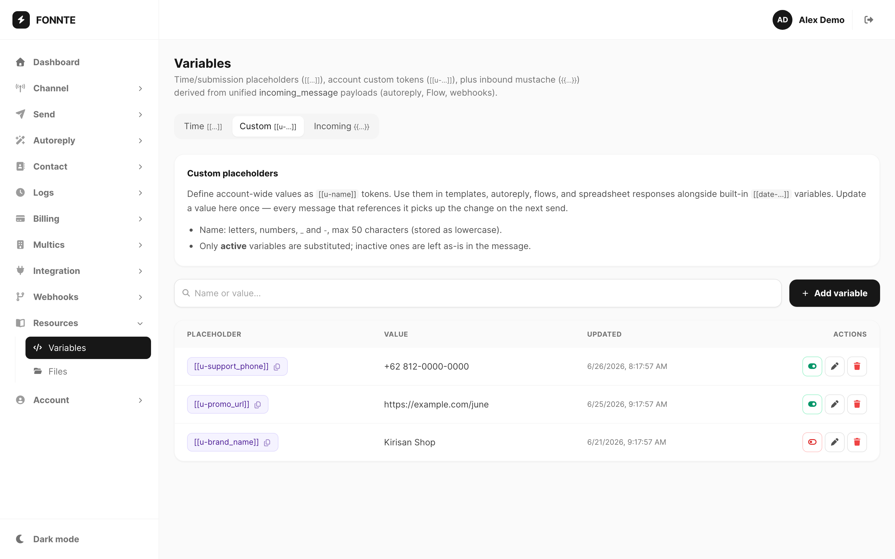 Variables — Custom tab with placeholder list