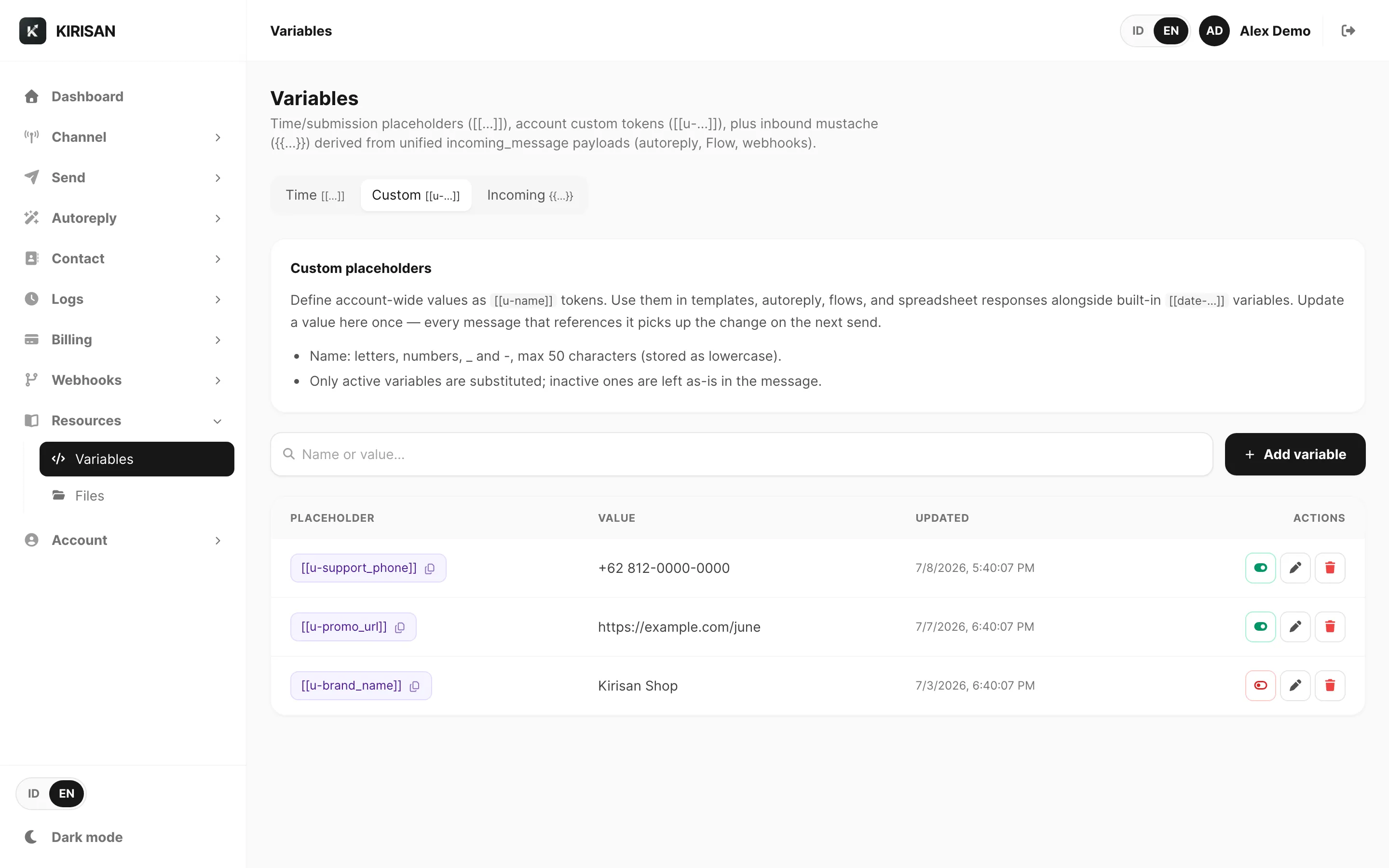 Variables — Custom tab with placeholder list