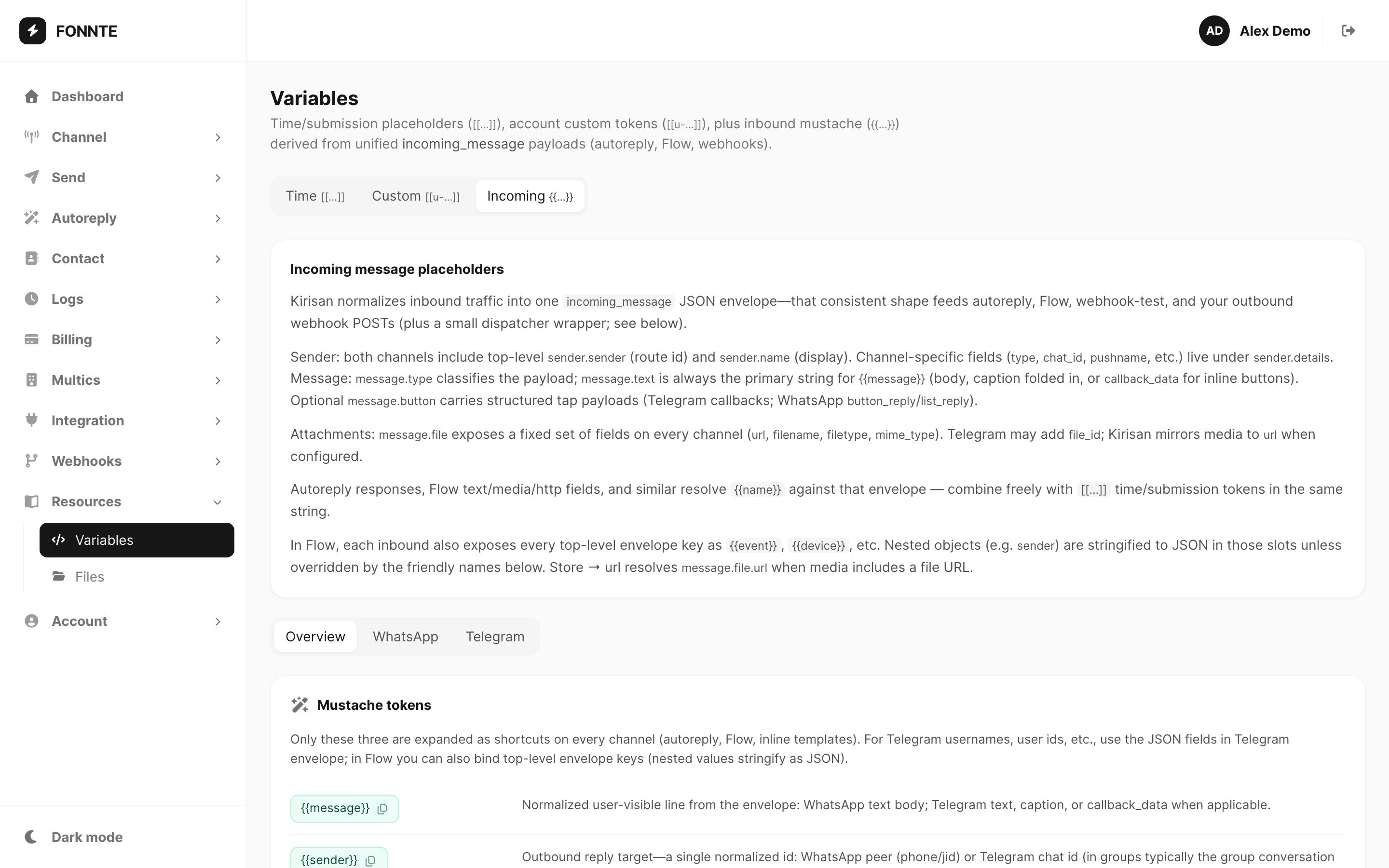 Variables — Incoming tab with mustache tokens