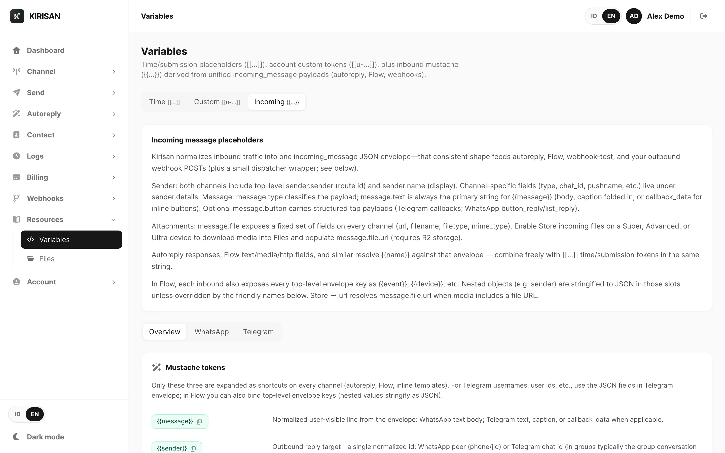 Variables — Incoming tab with mustache tokens