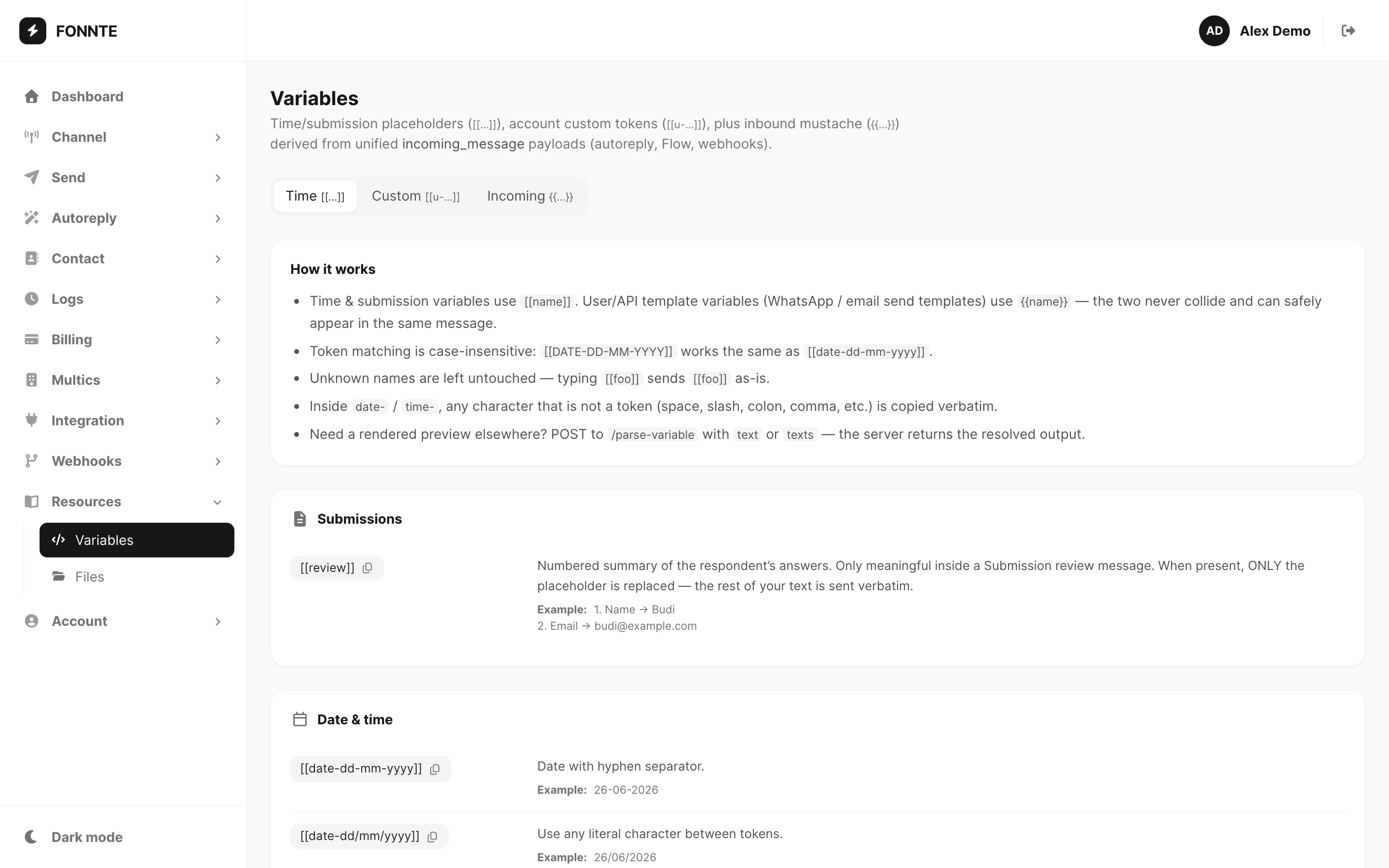 Variables — Time tab with date, time, and submission tokens