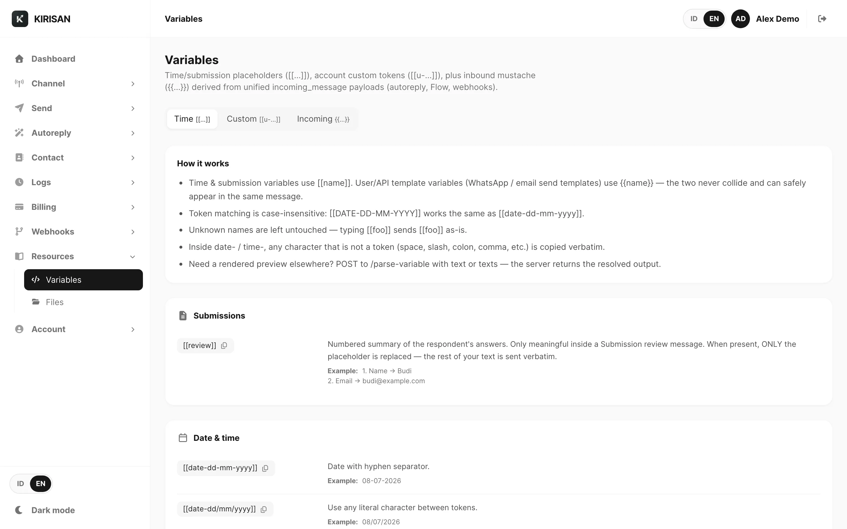 Variables — Time tab with date, time, and submission tokens