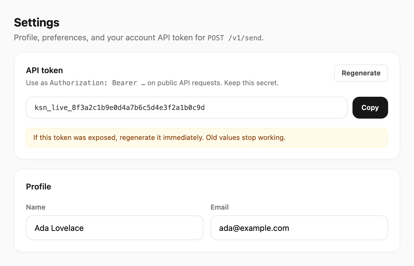 Account settings — API token