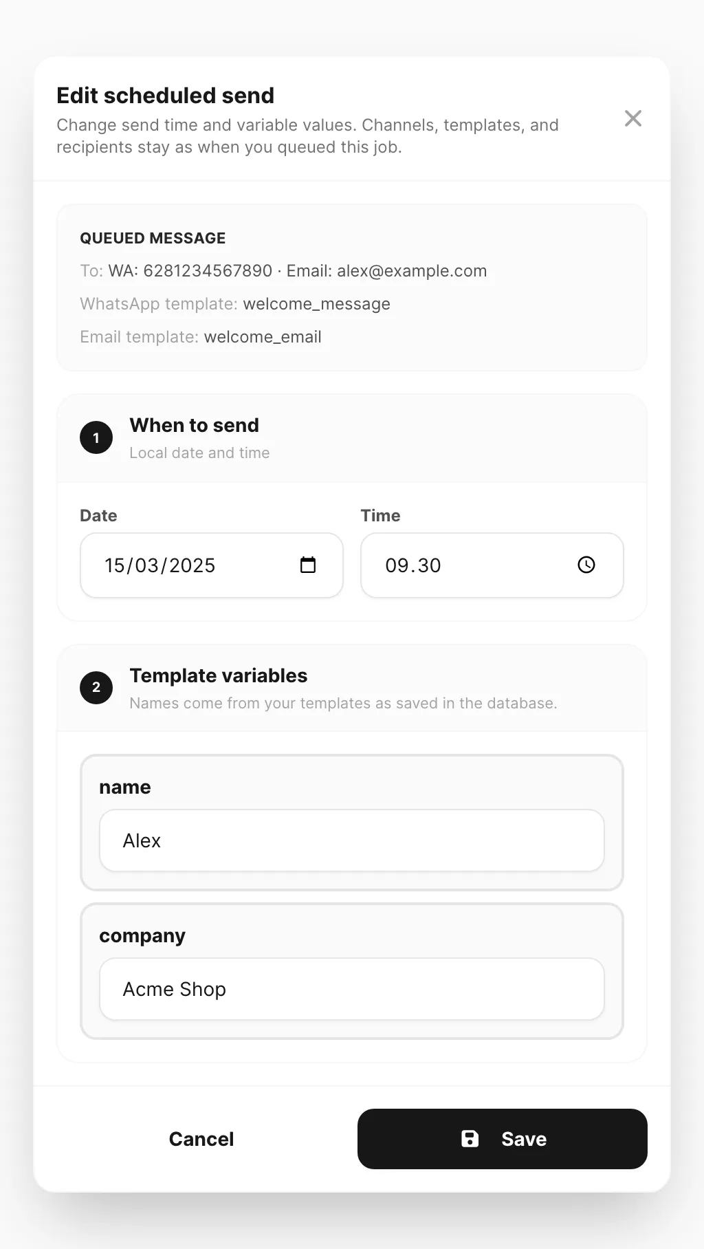 Edit scheduled send — time, read-only context, and template variables