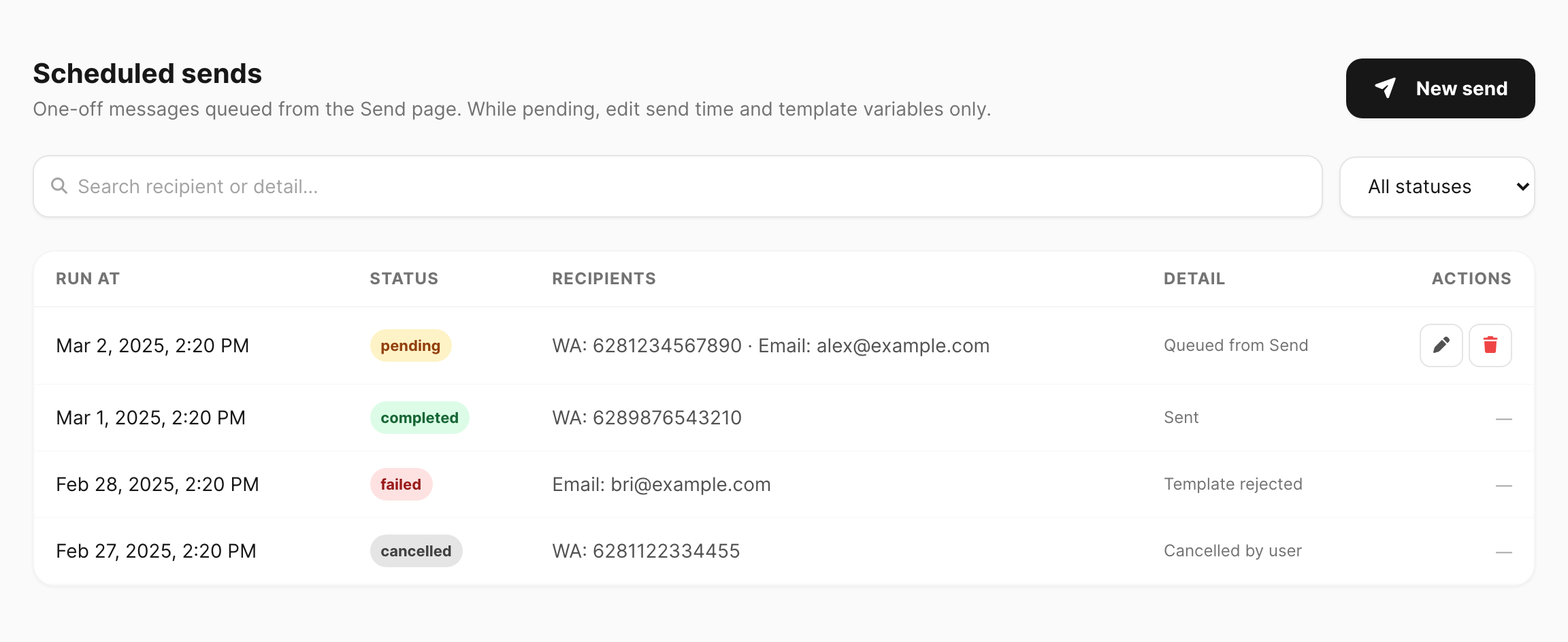 Scheduled sends — list, search, status filter, and table