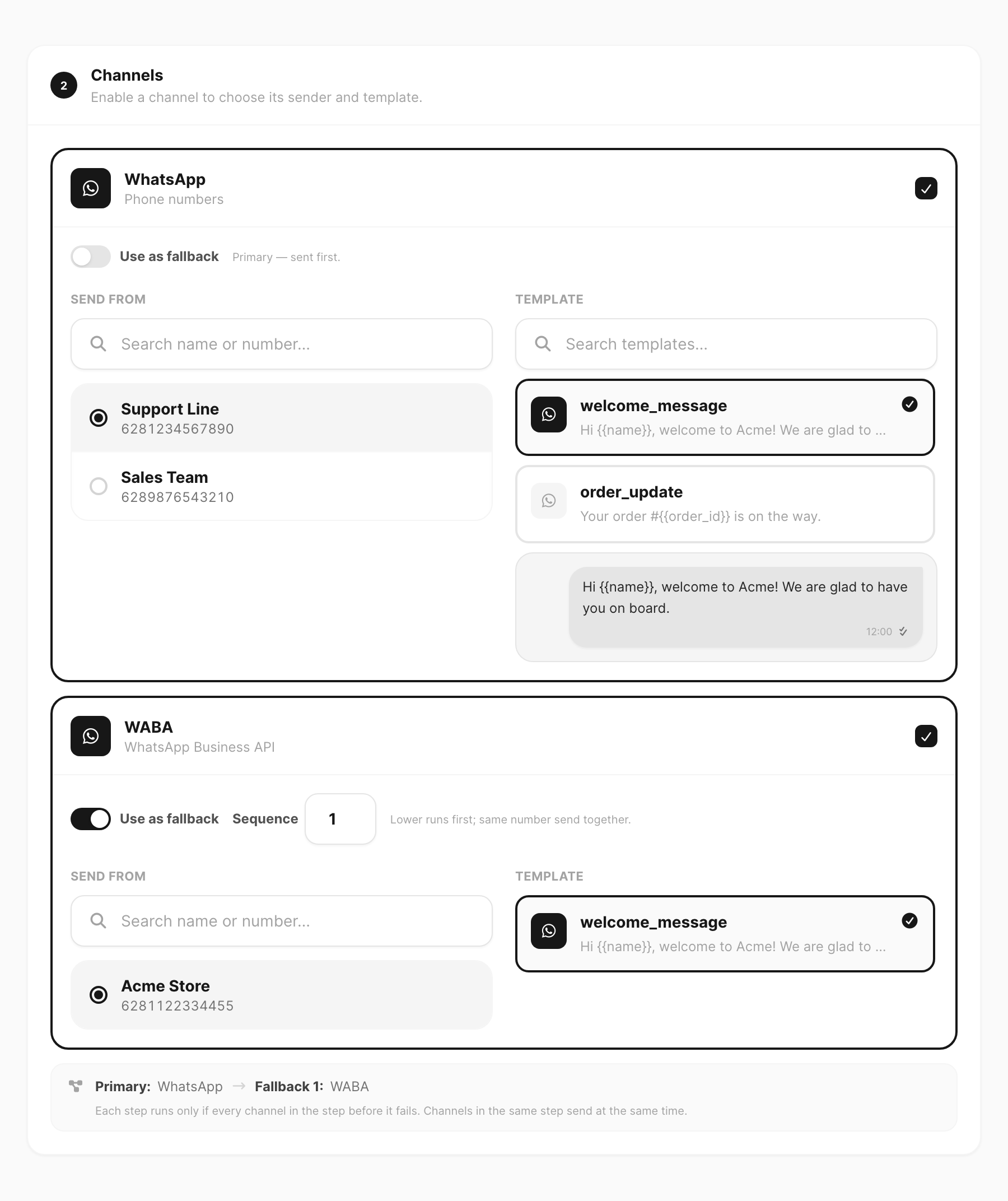 Send — expanded channel with Send from, template search, and fallback
