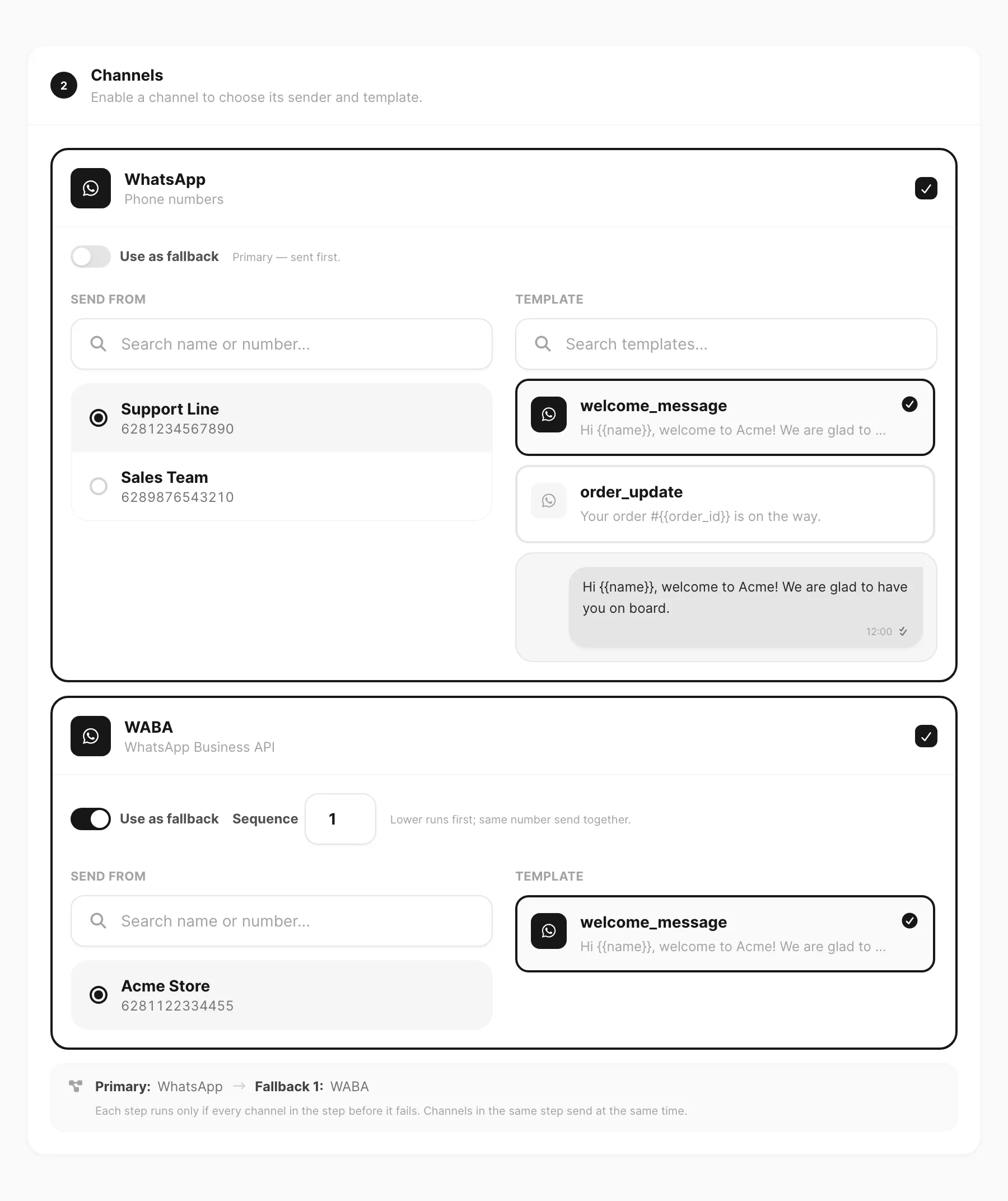 Send — expanded channel with Send from, template search, and fallback