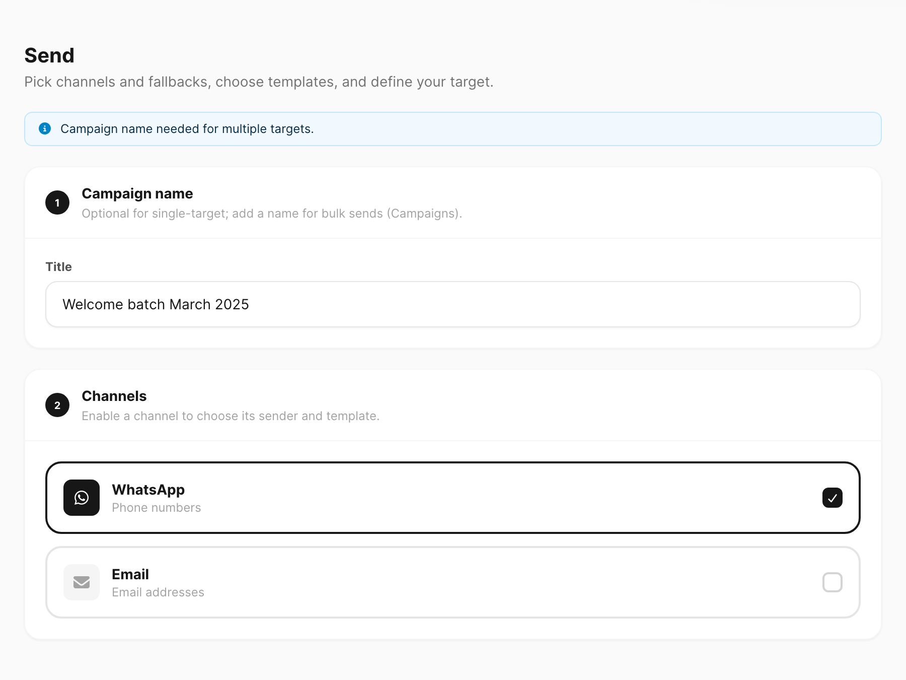 Send — page header, campaign name, and channel cards