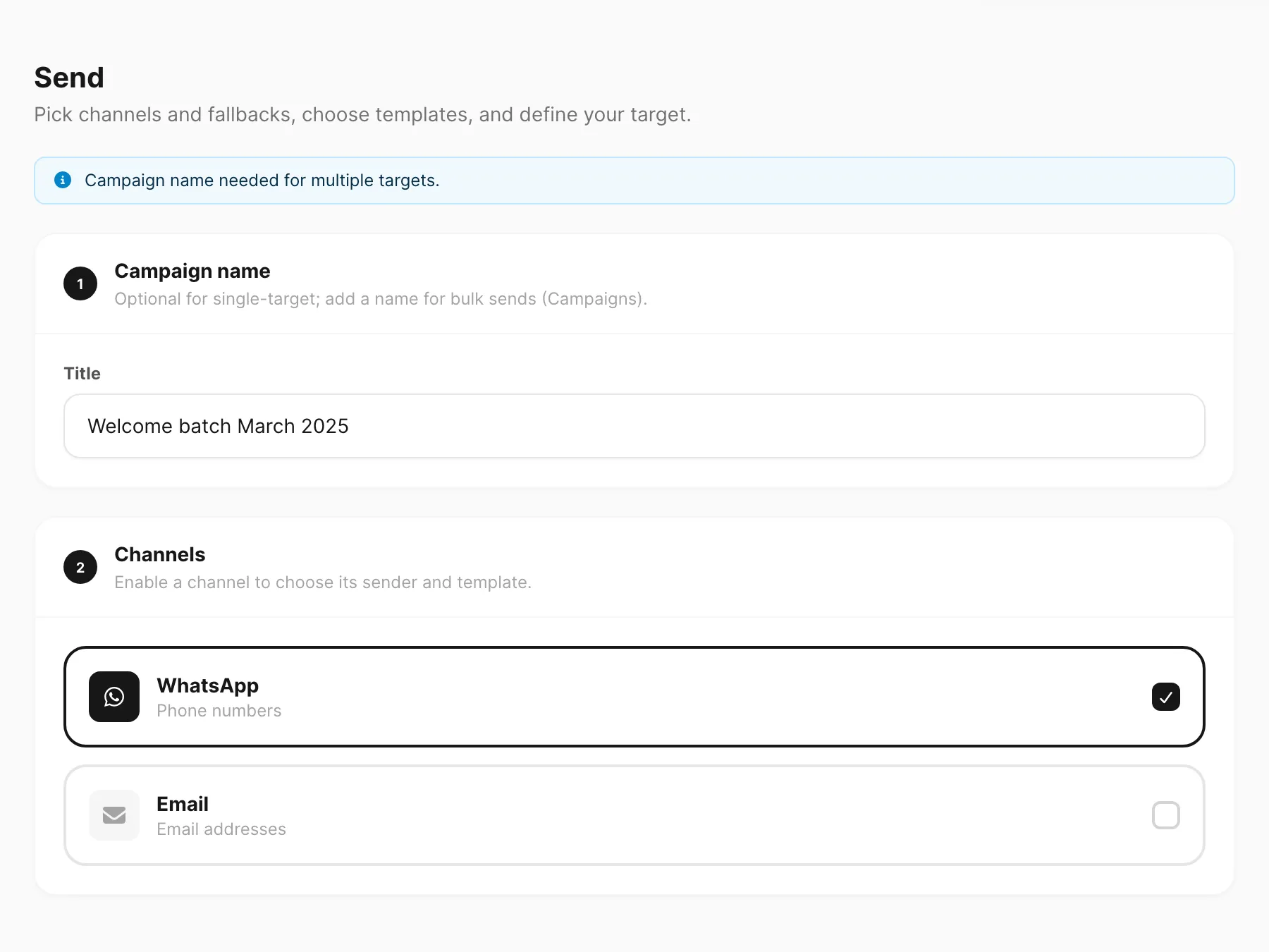 Send — page header, campaign name, and channel cards