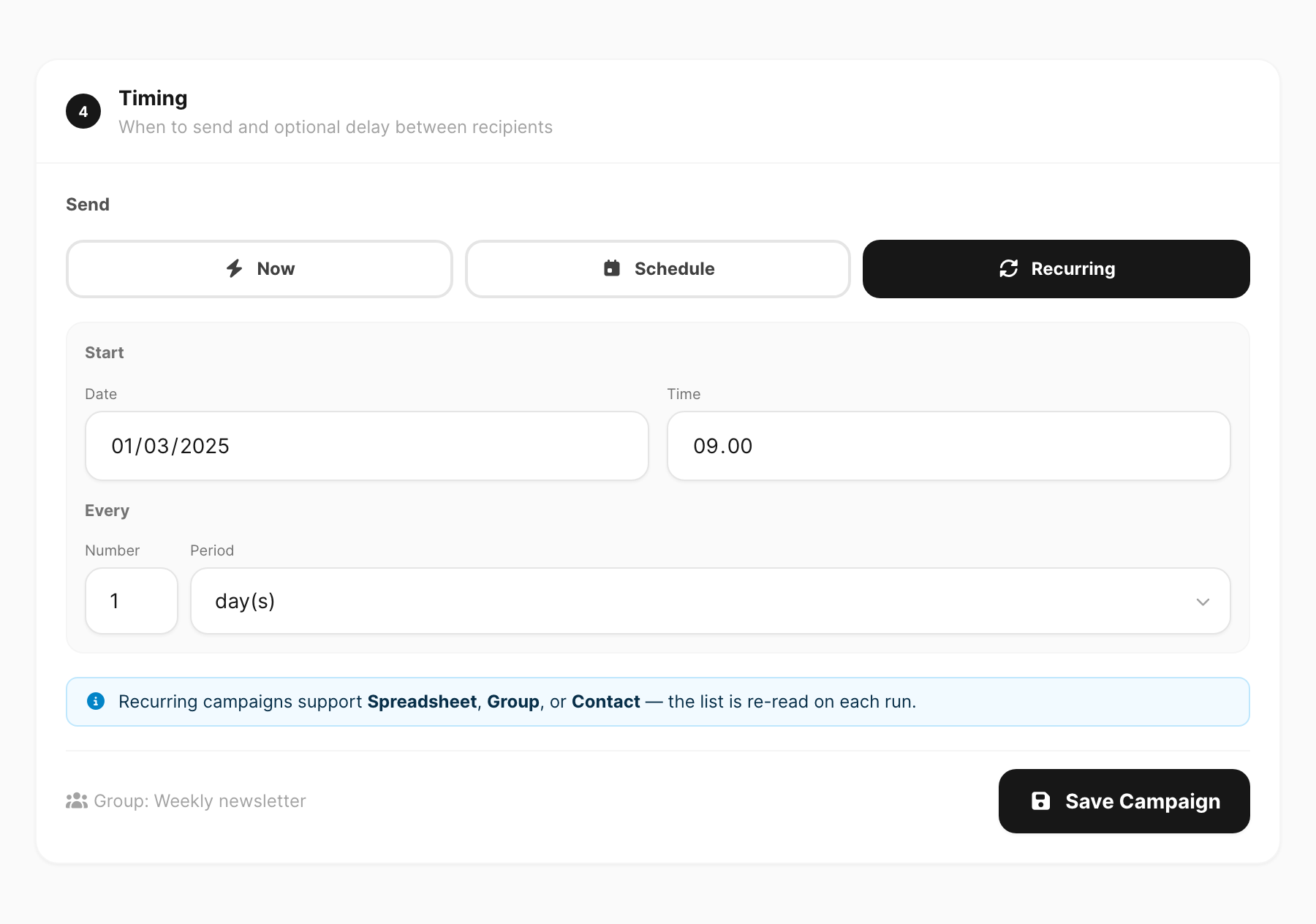 Send — Recurring timing with start date, interval, and Save Campaign