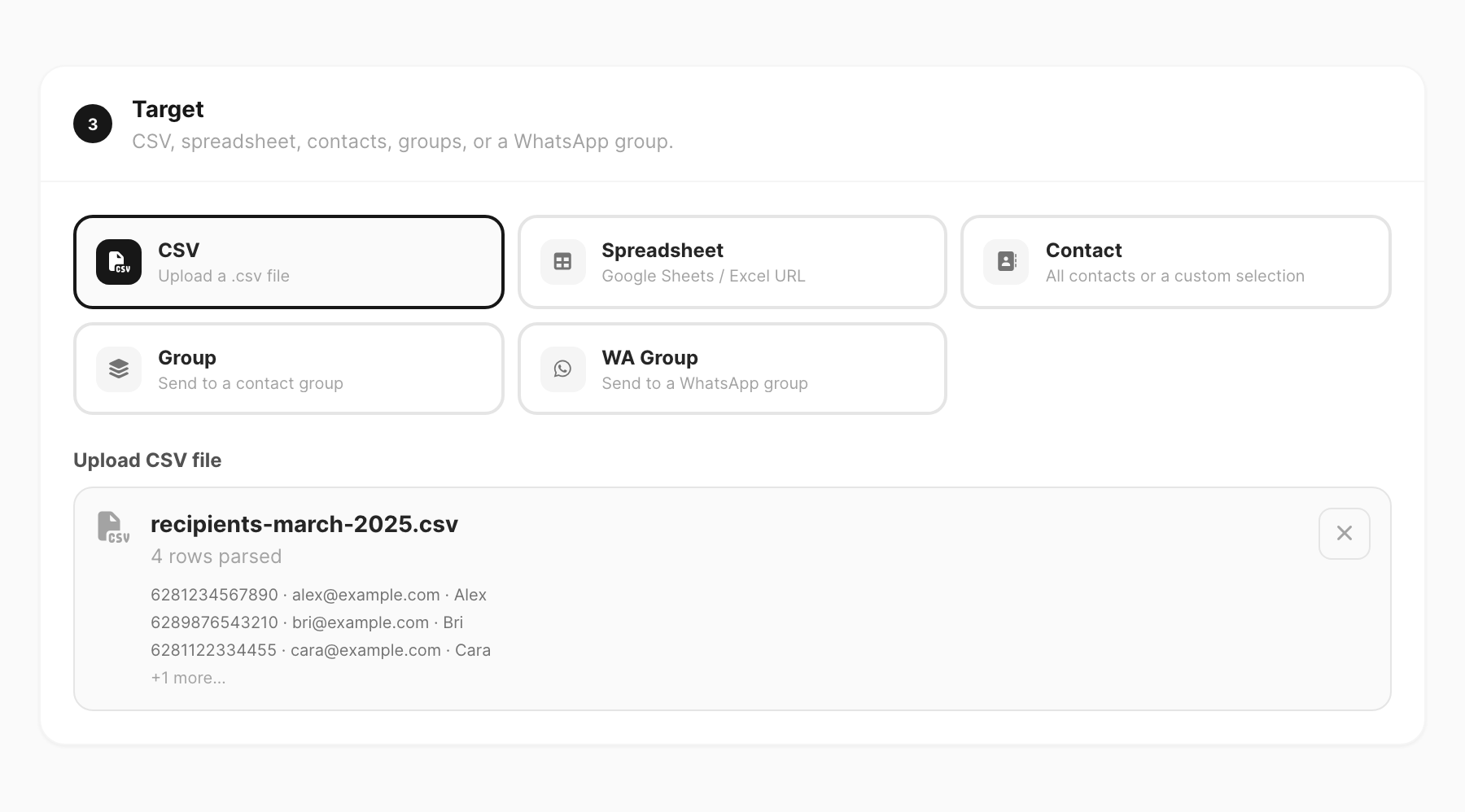 Send — target type grid and CSV upload