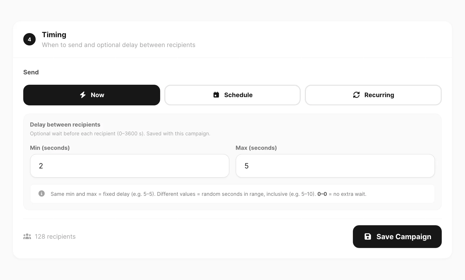 Send — timing options, delay, and Save Campaign