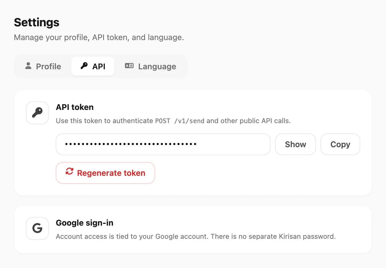 Account Settings — tab API dengan token dan Google sign-in
