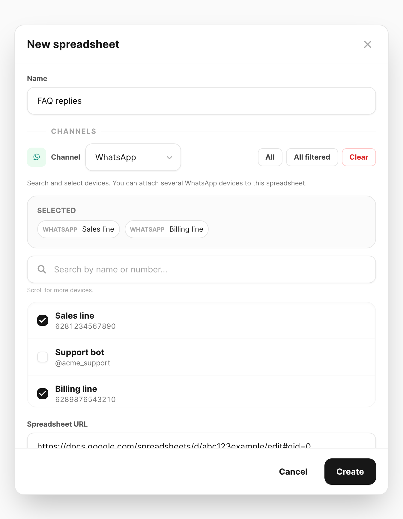 New spreadsheet — name, devices, URL, and internal note