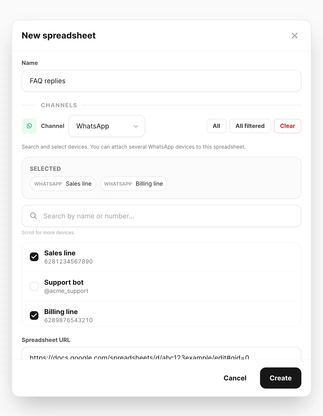 Spreadsheet baru — nama, device, URL, dan catatan internal