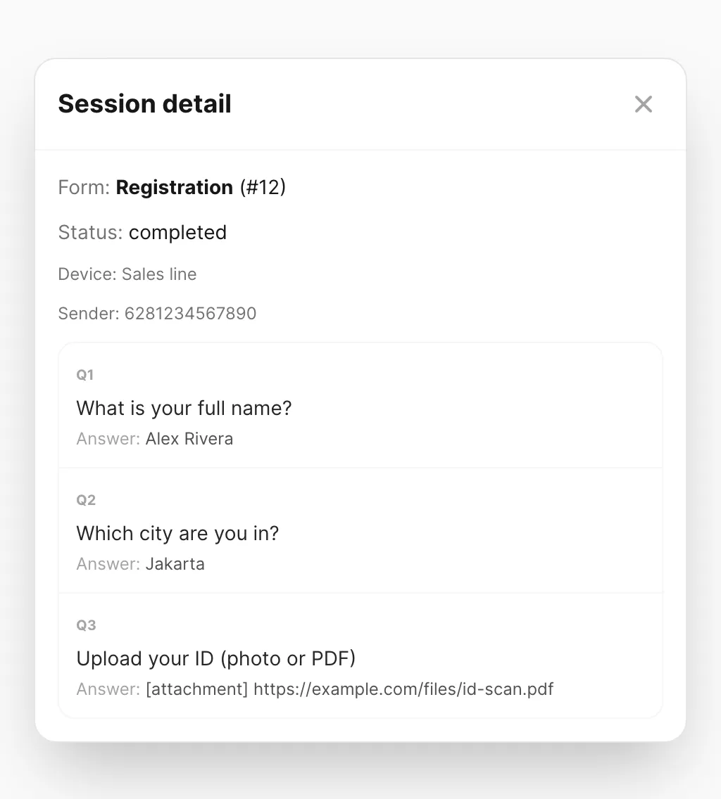 Detail sesi — metadata formulir dan jawaban per pertanyaan