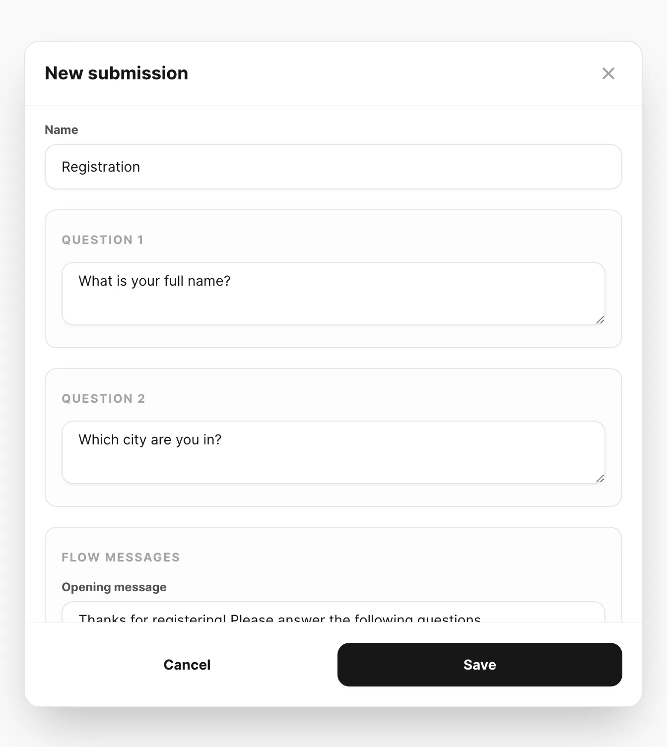 Submission baru — pertanyaan, pesan pembuka, dan langkah review