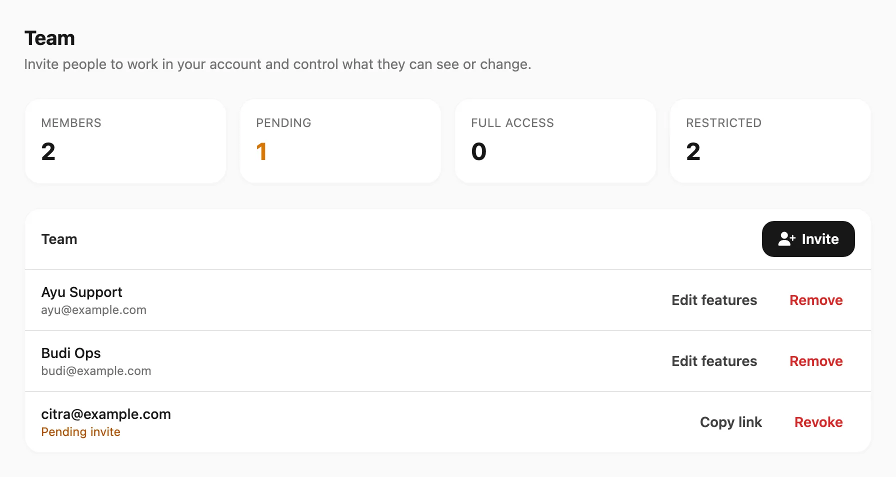 Team page — summary cards, members, and pending invites