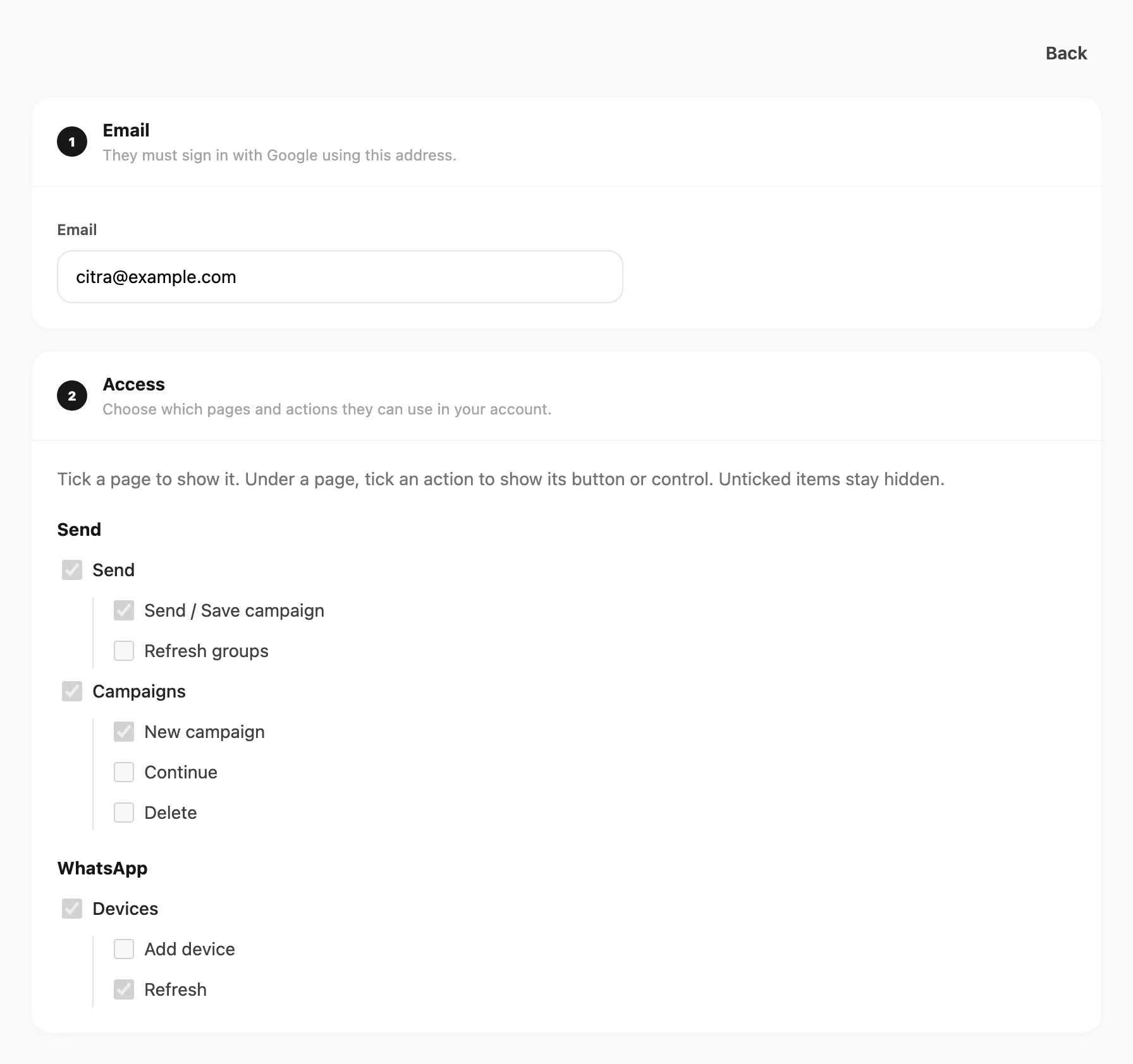 Invite access — tick pages and actions to show