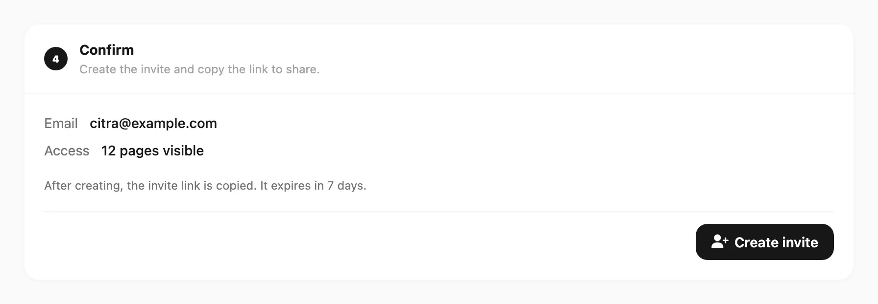 Confirm invite — email summary and Create invite
