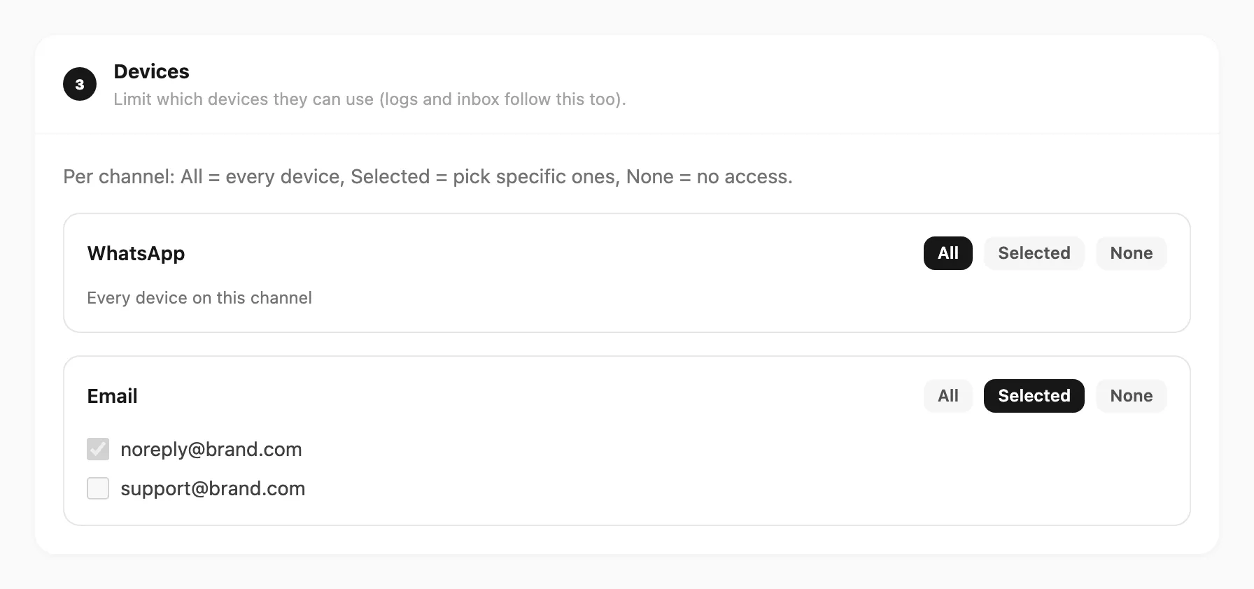 Device access — All, Selected, or None per channel