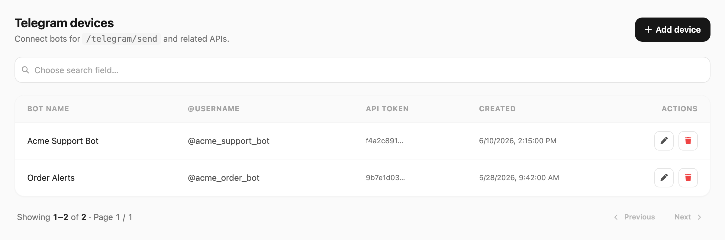 Telegram devices — search, table, and pagination