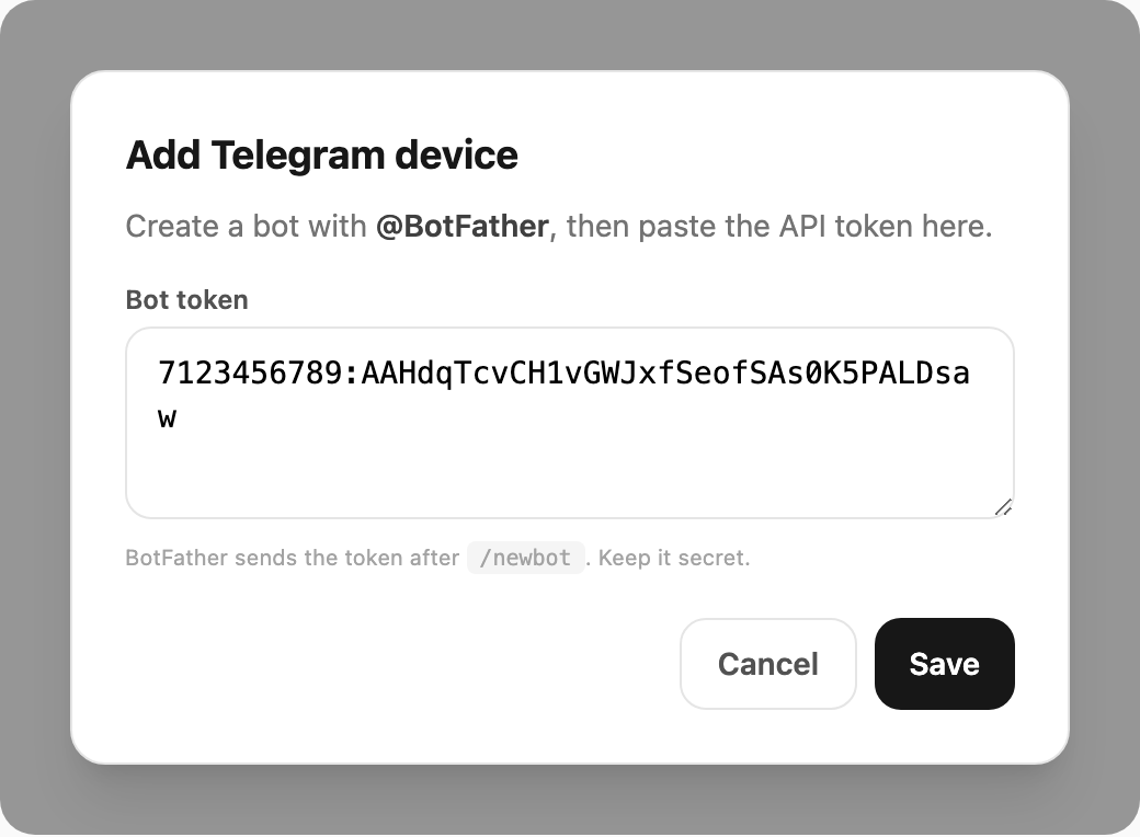 Add Telegram device — paste BotFather token