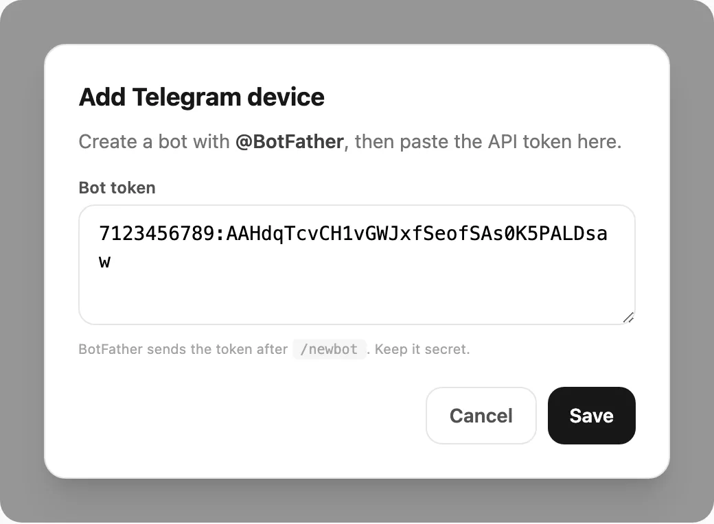 Add Telegram device — paste BotFather token