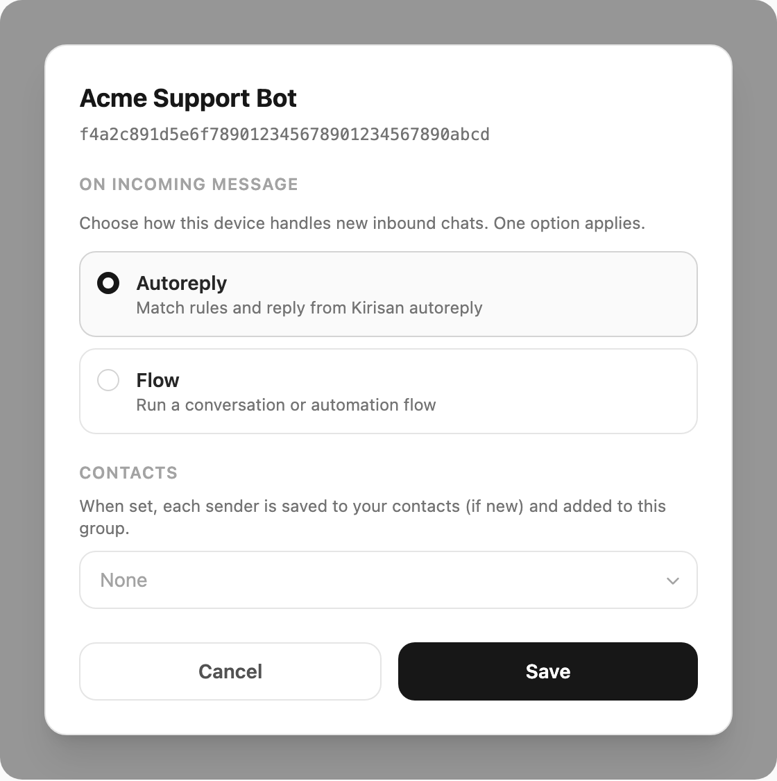 Edit Telegram device — on incoming message and contacts
