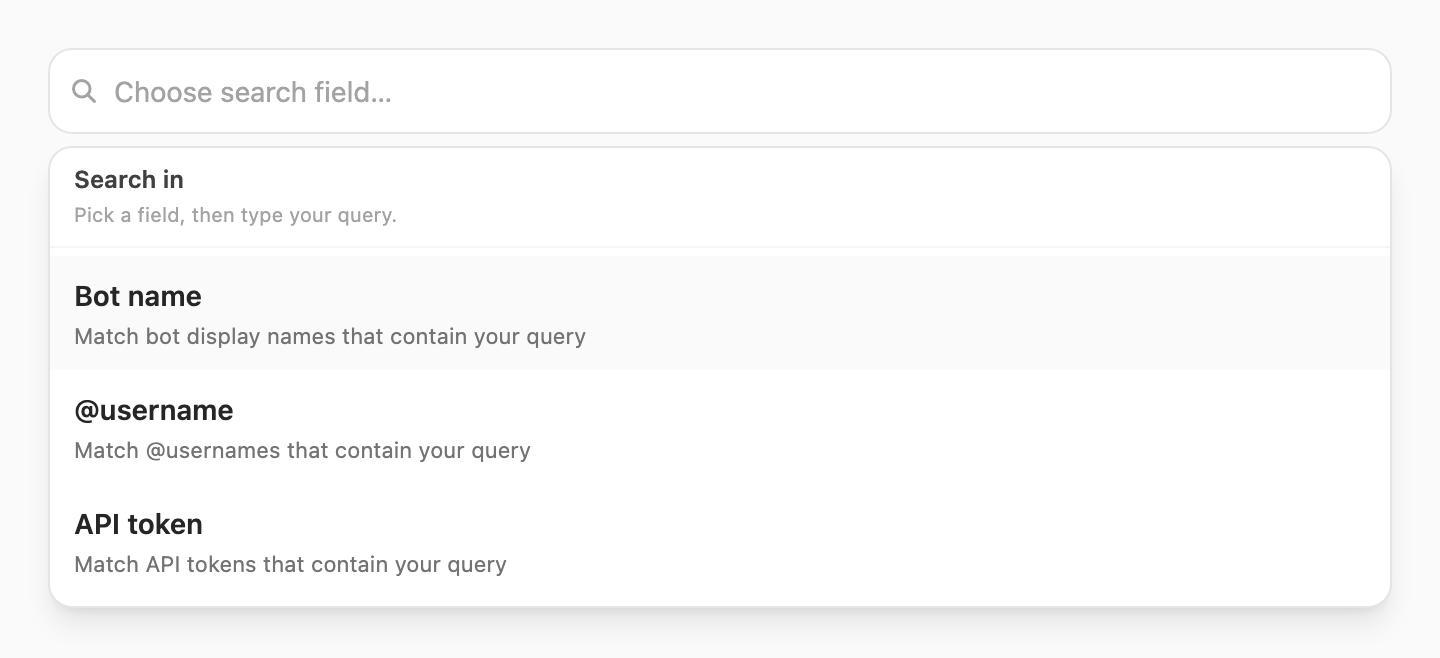 Search in popup — choose Bot name, @username, or API token